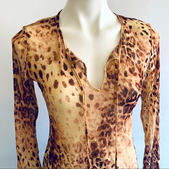 Retro Y2K Sheer Animal Print Mesh Nylon Leopard Tunic Shirt - Picture 7 of 8
